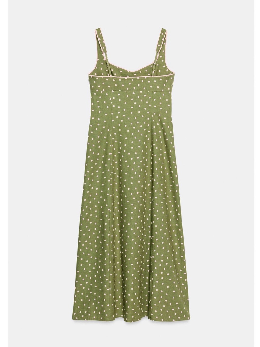Linen Olive Green Polka Dot Midi Dress - Picture 2 of 10